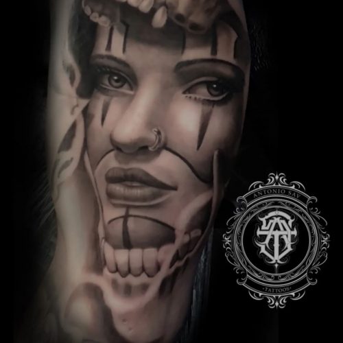 A woman's portrait realism tattoo design.