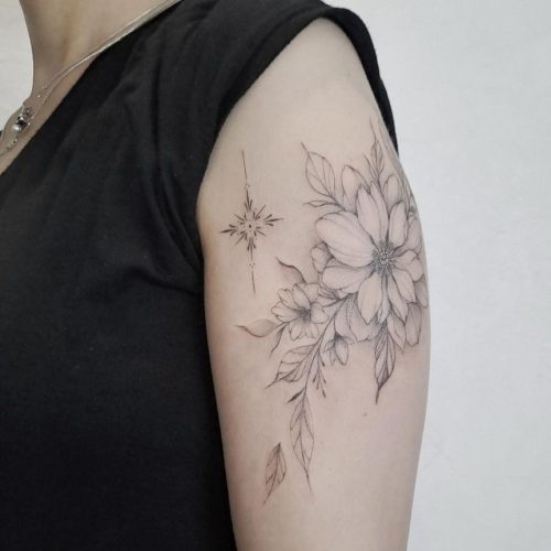 Fine Line Flower Tattoo Design.