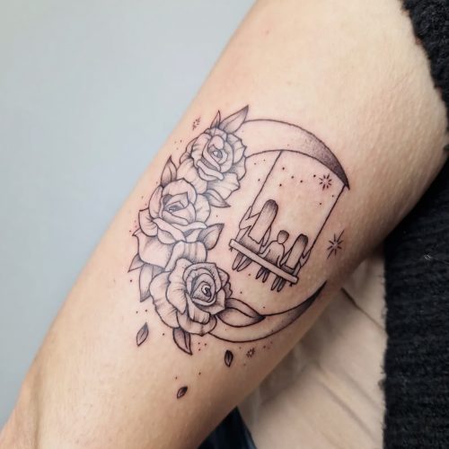 Blackwork tattoo design, roses and moon.