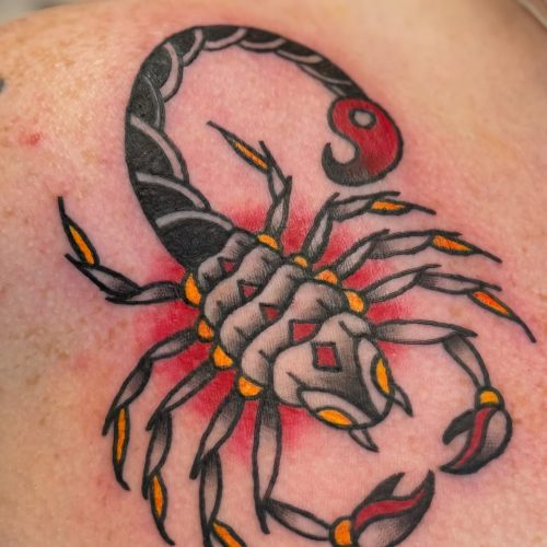 Colourful trad scorpion tattoo design