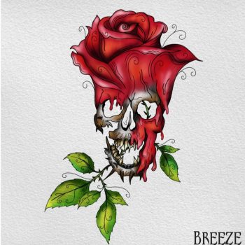 A red rose and skull design.